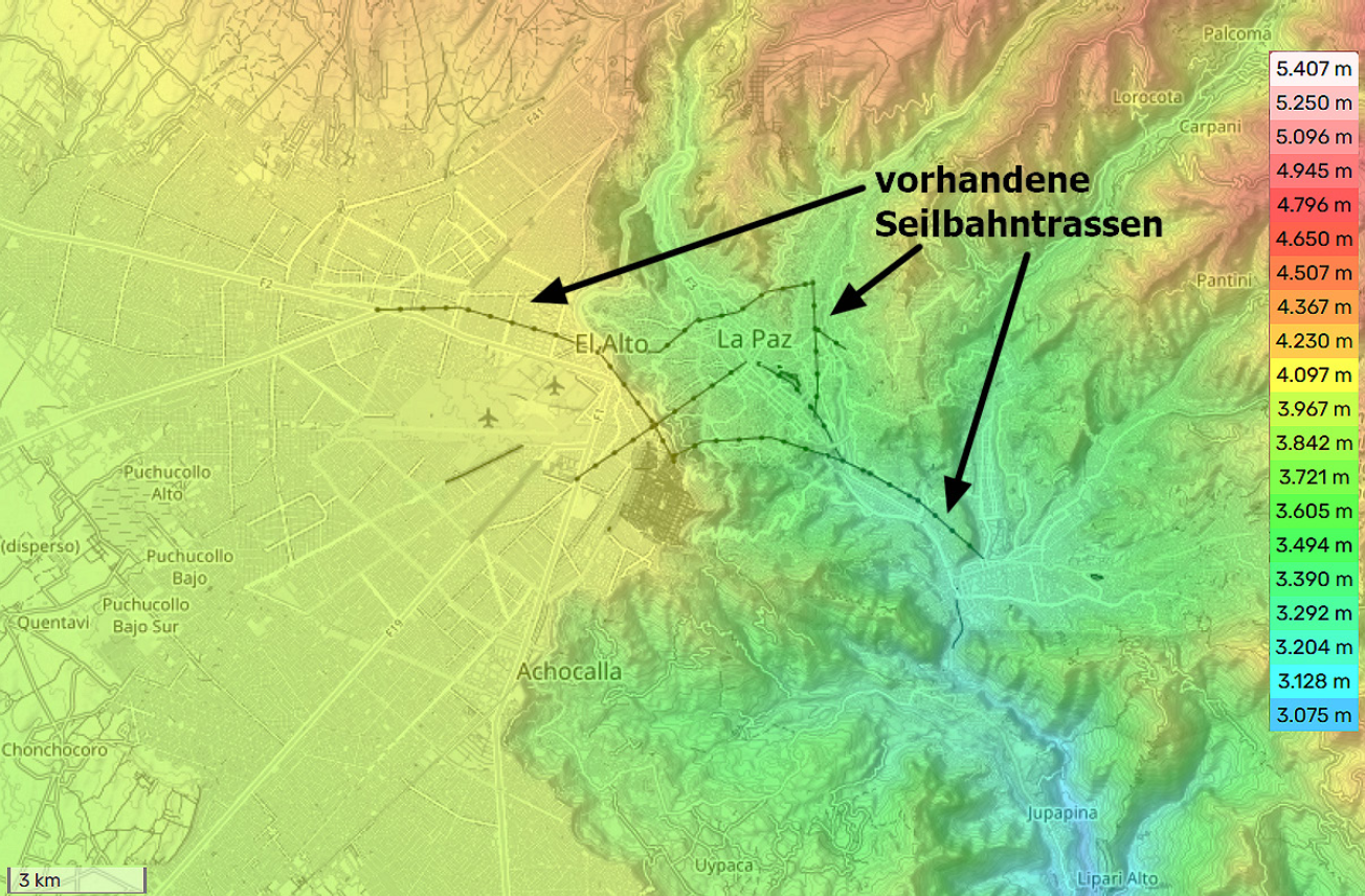 Bunte Höhenkarte von La Paz/El Alto mit eingezeichneten Seilbahntrassen und Beschriftungen